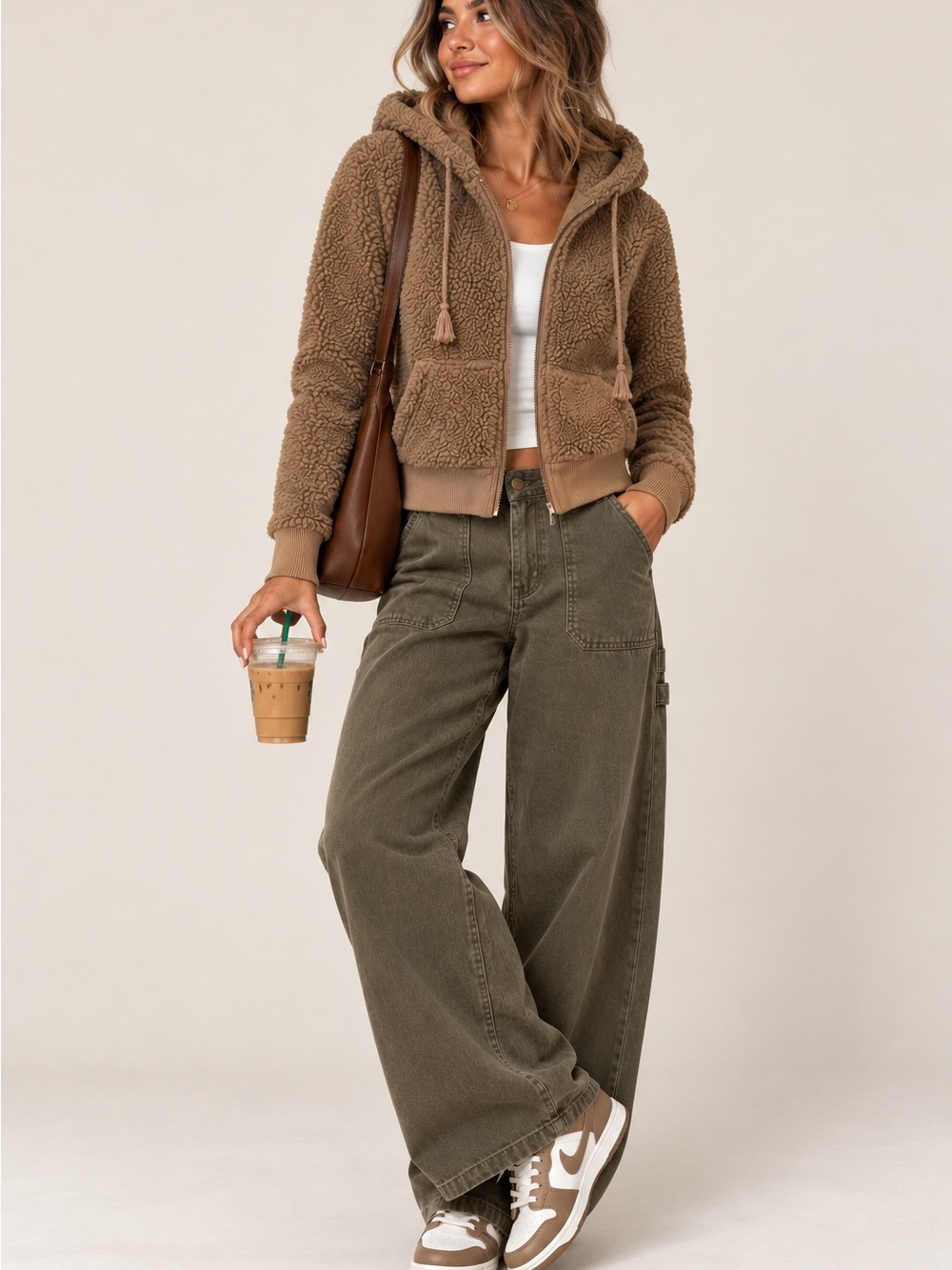 Brandy Melville Brown Hooded Teddy Sherpa Zip Jacket